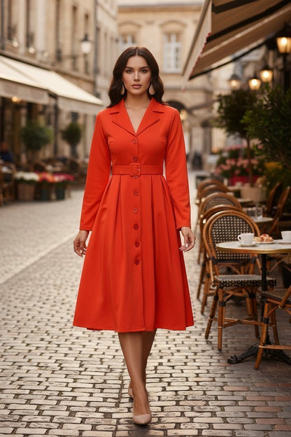 Blazer Collar Button Front Belted A-Line Midi Dress - Office Workwear - MSHIGHBEAUTY