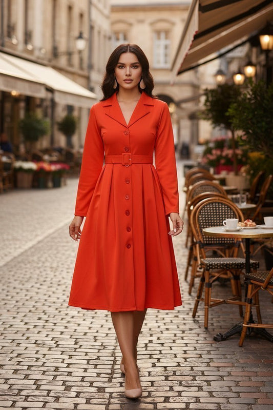 Blazer Collar Button Front Belted A-Line Midi Dress - Office Workwear - MSHIGHBEAUTY