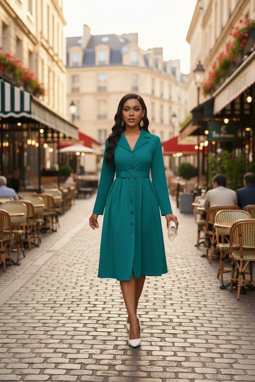 Blazer Collar Button Front Belted A-Line Midi Dress - Office Workwear - MSHIGHBEAUTY