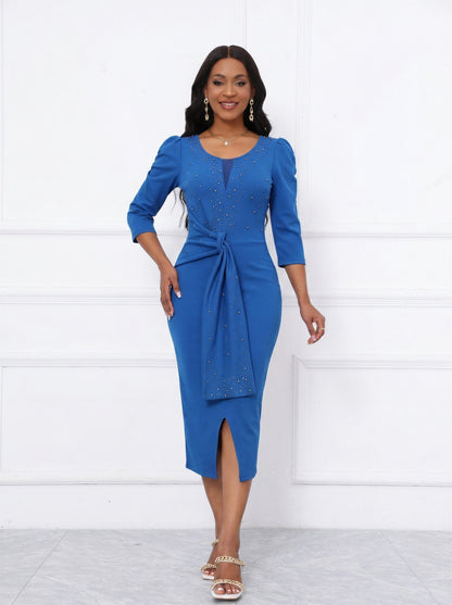 Elegant Royal Blue Rhinestone Embellished Dress | Puff Sleeve Bow Belt | V-Neck Bodycon Midi Dress | Party Wedding Guest