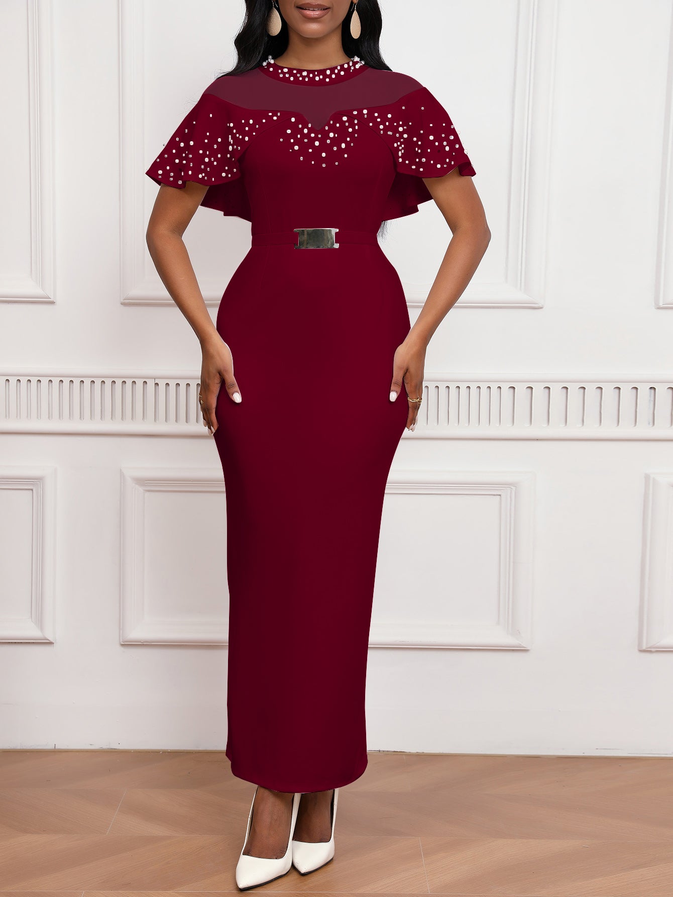 Elegant Pearl Rhinestone Ruffle Dress | 3 Colors | Mesh Sleeve Wedding Guest Party Dress