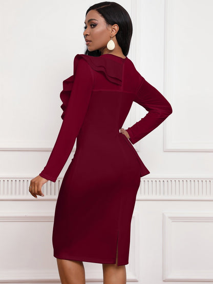 Pearl Rhinestone Ruffle Midi Dress with Mesh Sleeves - Wedding Guest Dress - MSHIGHBEAUTY