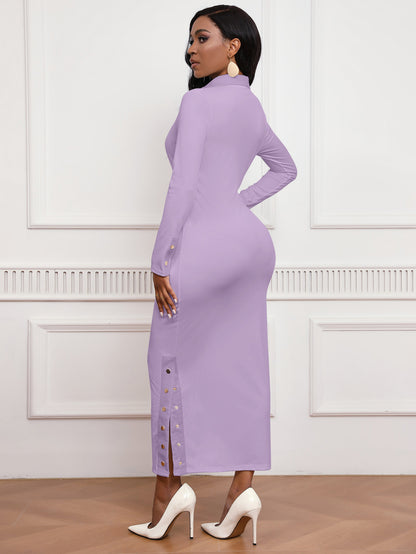 Turn-down Collar Knit Dress | White Ribbed Texture | Side Button Detail