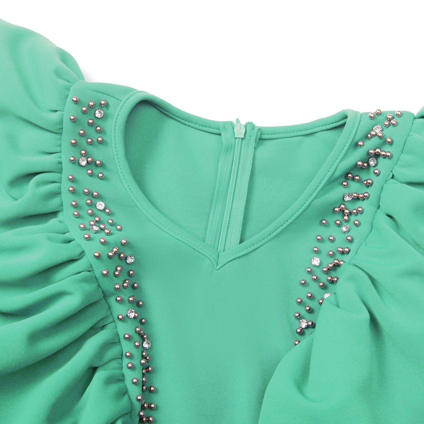 Elegant Mint Green Pearl Embellished Dress | Ruffle Sleeve V-Neck Bodycon Midi Dress | Wedding Guest Party Dress