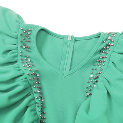 Pearl Embellished Ruffle Sleeve V-Neck Bodycon Midi Dress - Wedding Guest - MSHIGHBEAUTY
