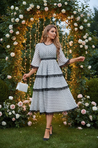 Chevron Tiered Lace Trim Bell Sleeve Midi Dress - Wedding Guest Dress - MSHIGHBEAUTY