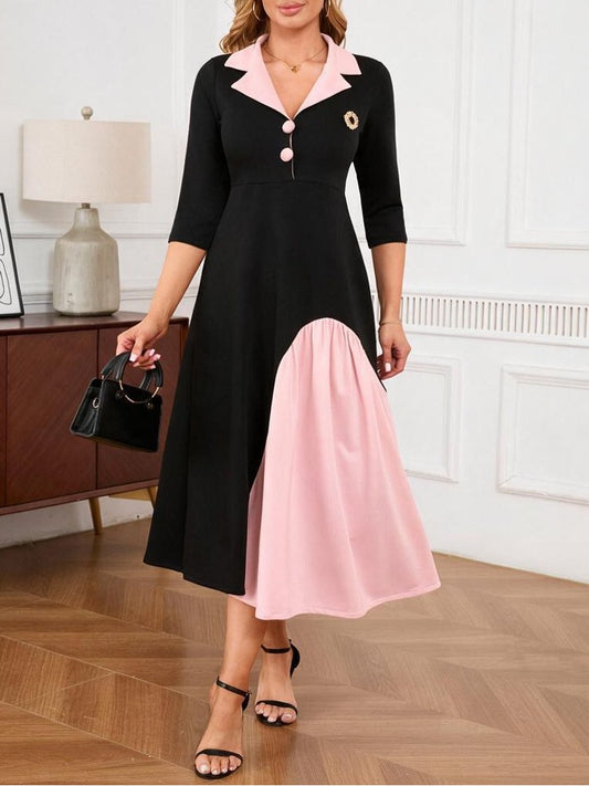 Color Block Peter Pan Collar A-Line Midi Dress - Vintage Office Style - MSHIGHBEAUTY