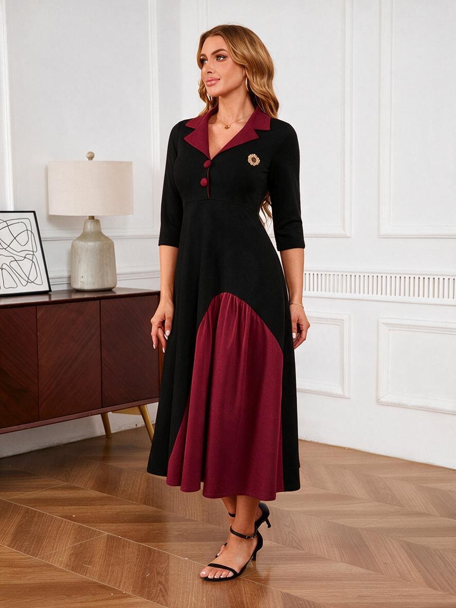Color Block Peter Pan Collar A-Line Midi Dress - Vintage Office Style - MSHIGHBEAUTY