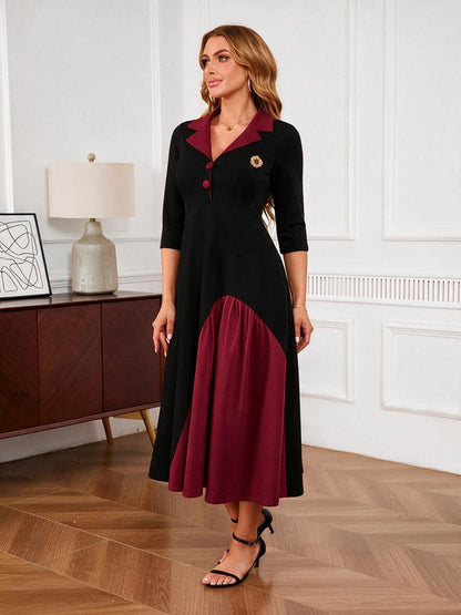 Color Block Peter Pan Collar A-Line Midi Dress - Vintage Office Style - MSHIGHBEAUTY
