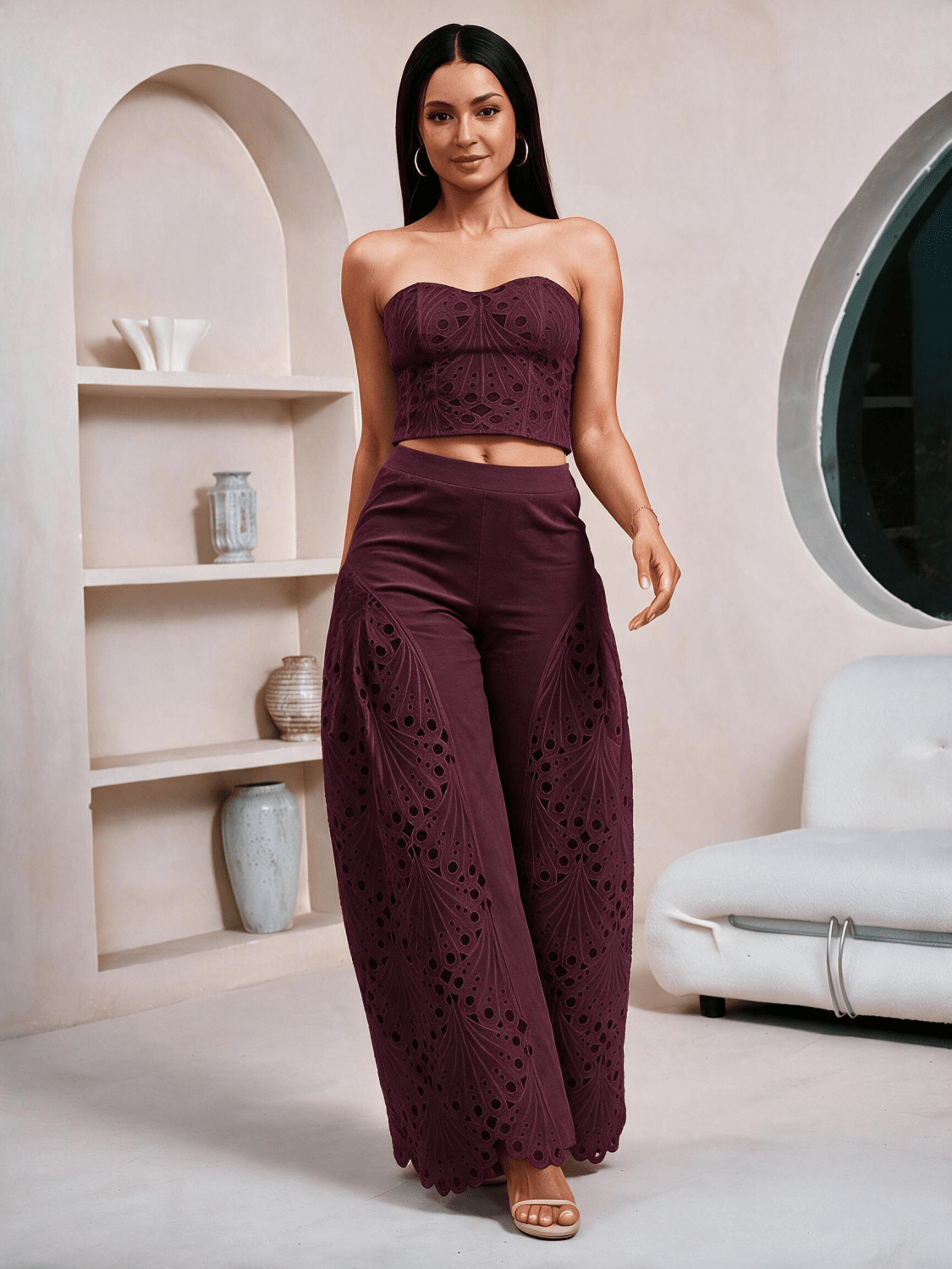 Elegant Laser Cut Strapless Crop Top and Wide Leg Pants Set - Floral Perforated Two Piece Outfit - MSHIGHBEAUTY