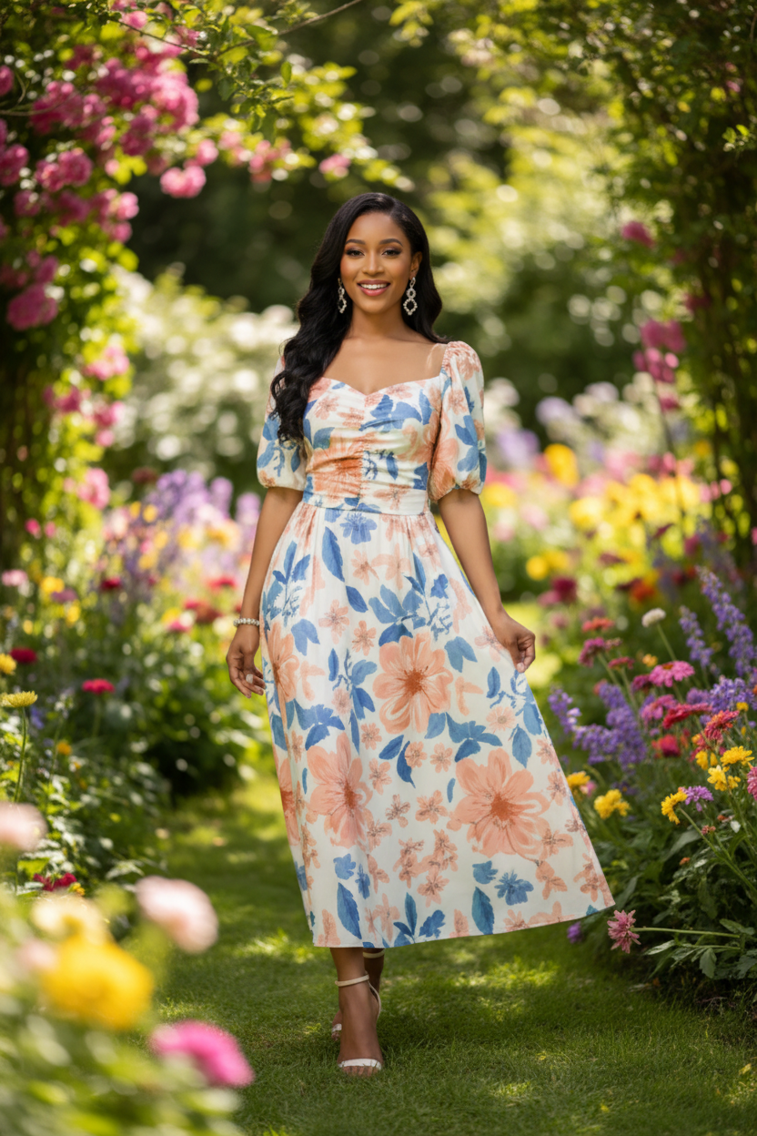 Floral Square Neck Puff Sleeve Ruched Bodice Maxi Dress - Garden Party Wedding Guest - MSHIGHBEAUTY