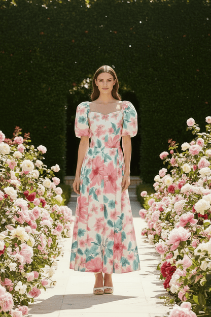 Floral Square Neck Puff Sleeve Ruched Bodice Maxi Dress - Garden Party Wedding Guest - MSHIGHBEAUTY