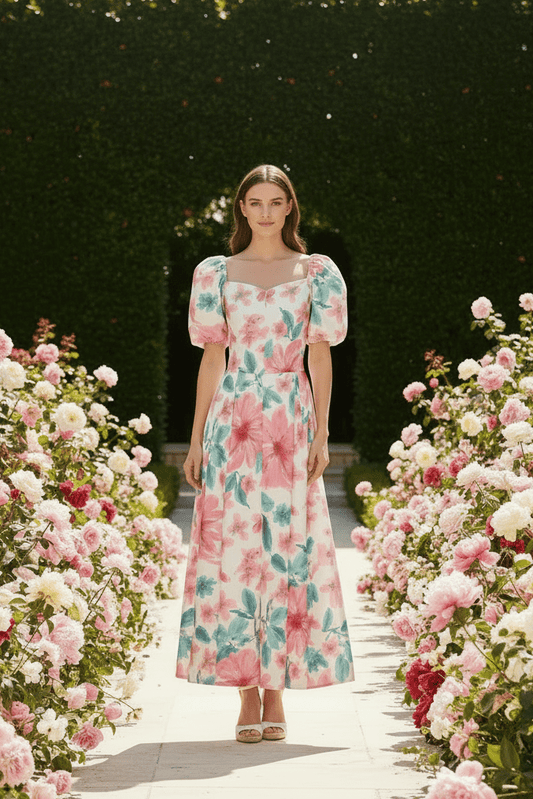 Floral Square Neck Puff Sleeve Ruched Bodice Maxi Dress - Garden Party Wedding Guest - MSHIGHBEAUTY