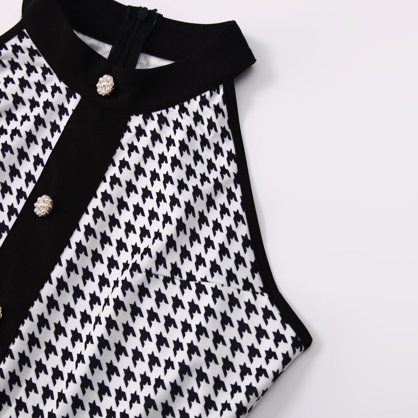 Houndstooth Halter Vintage Button Front A-Line Midi Dress - Wedding Guest - MSHIGHBEAUTY