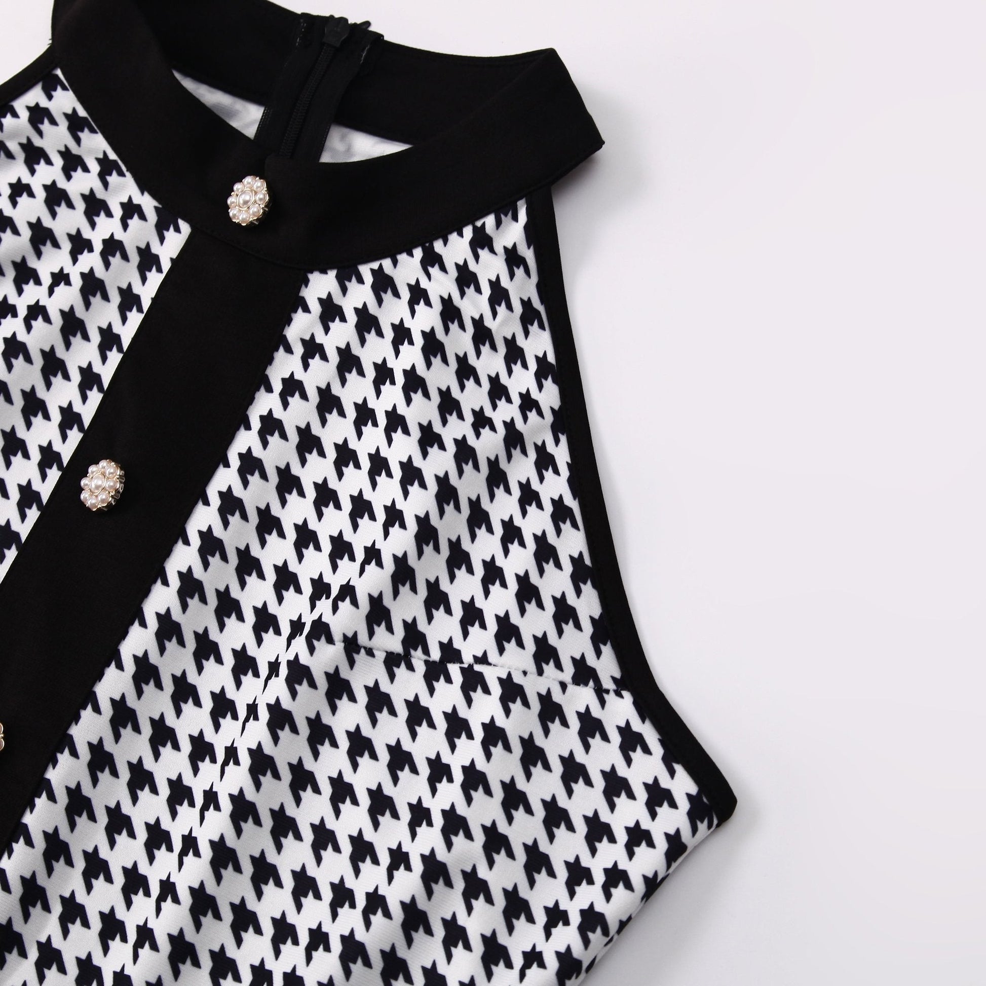 Houndstooth Halter Vintage Button Front A-Line Midi Dress - Wedding Guest - MSHIGHBEAUTY