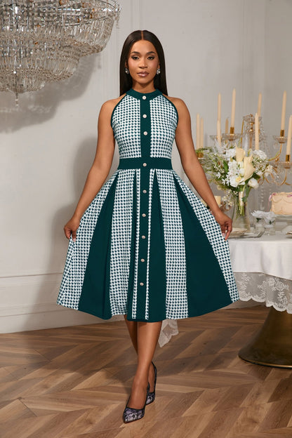 Houndstooth Halter Vintage Button Front A-Line Midi Dress - Wedding Guest - MSHIGHBEAUTY