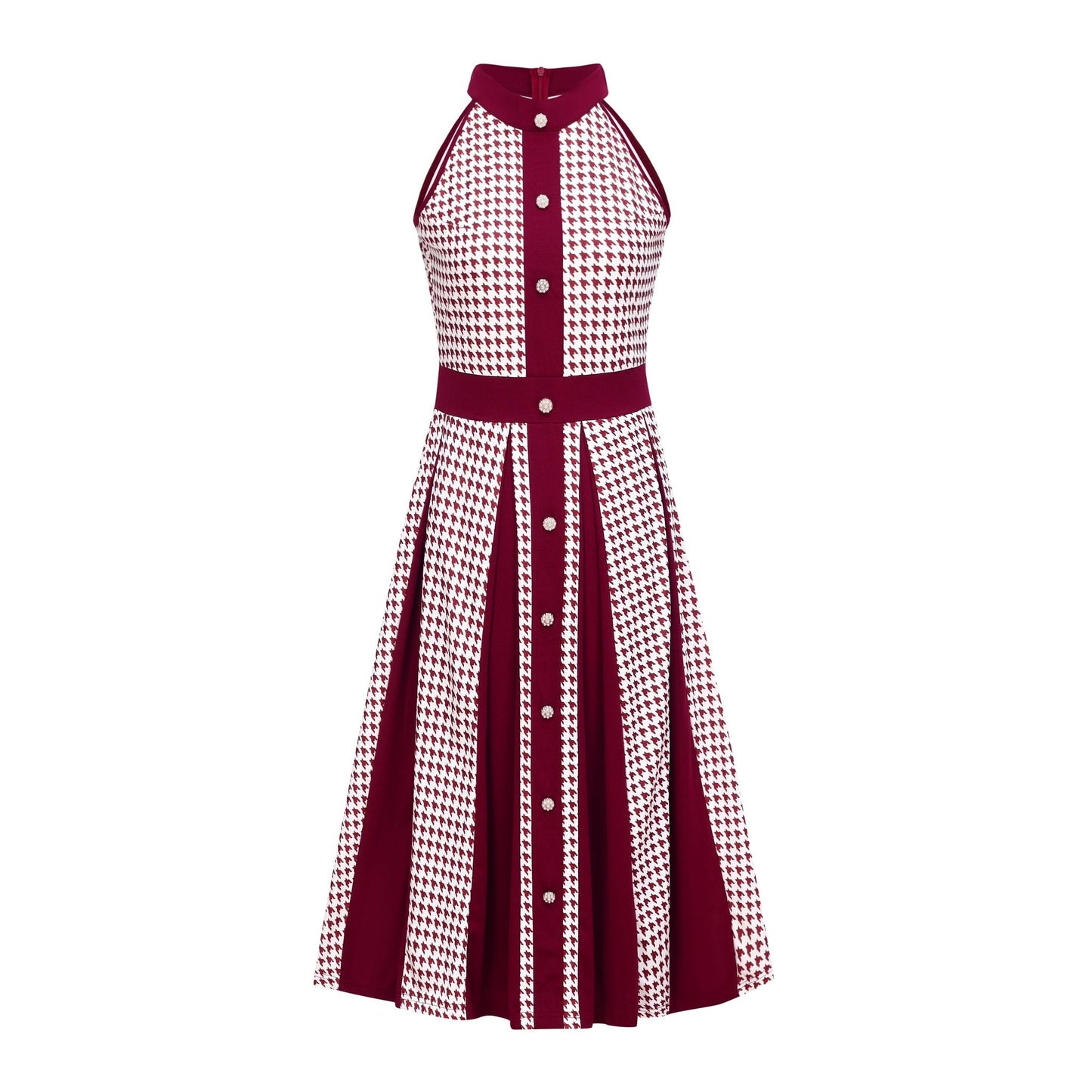 Houndstooth Halter Vintage Button Front A-Line Midi Dress - Wedding Guest - MSHIGHBEAUTY