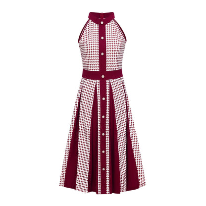 Houndstooth Halter Vintage Button Front A-Line Midi Dress - Wedding Guest - MSHIGHBEAUTY