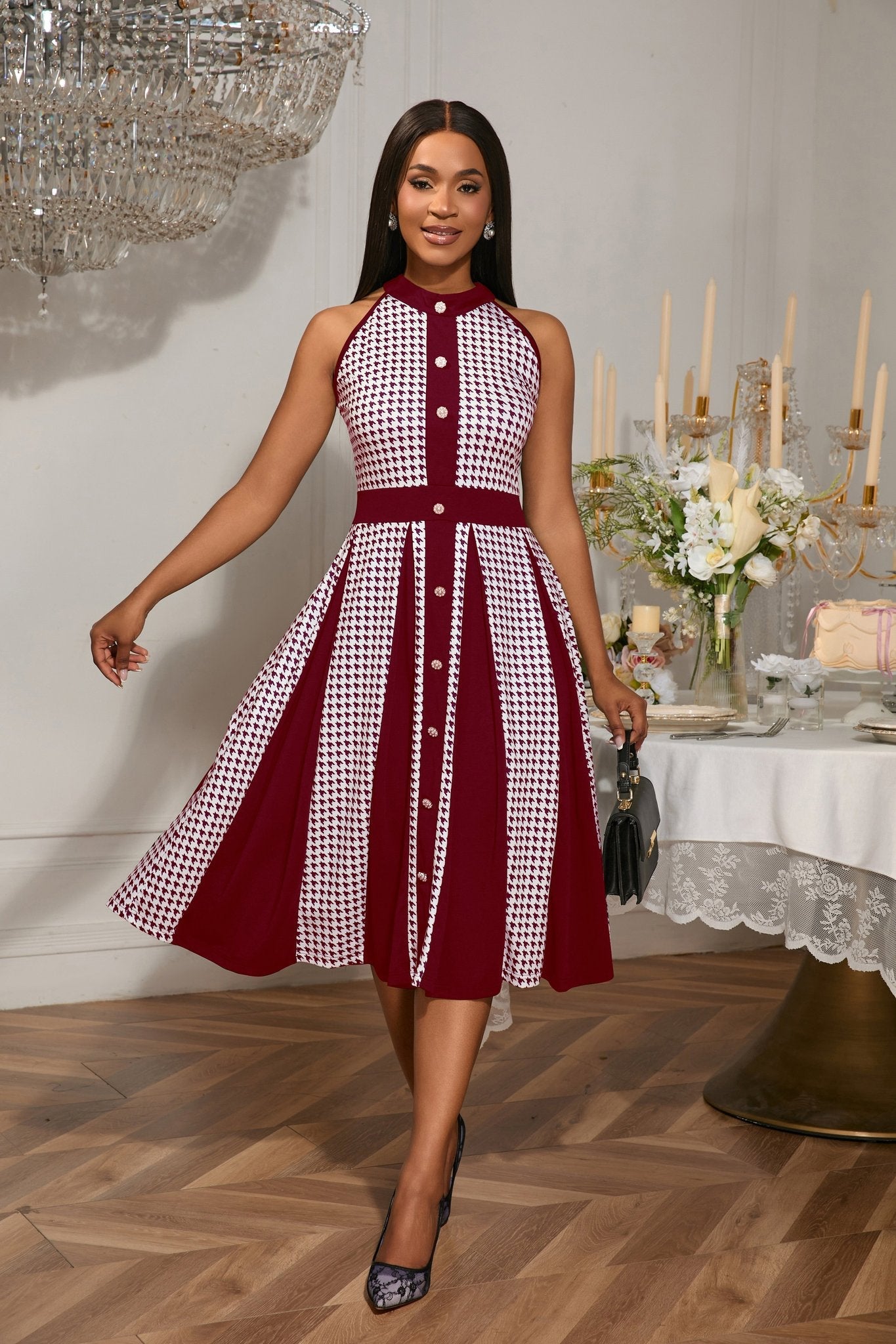 Houndstooth Halter Vintage Button Front A-Line Midi Dress - Wedding Guest - MSHIGHBEAUTY