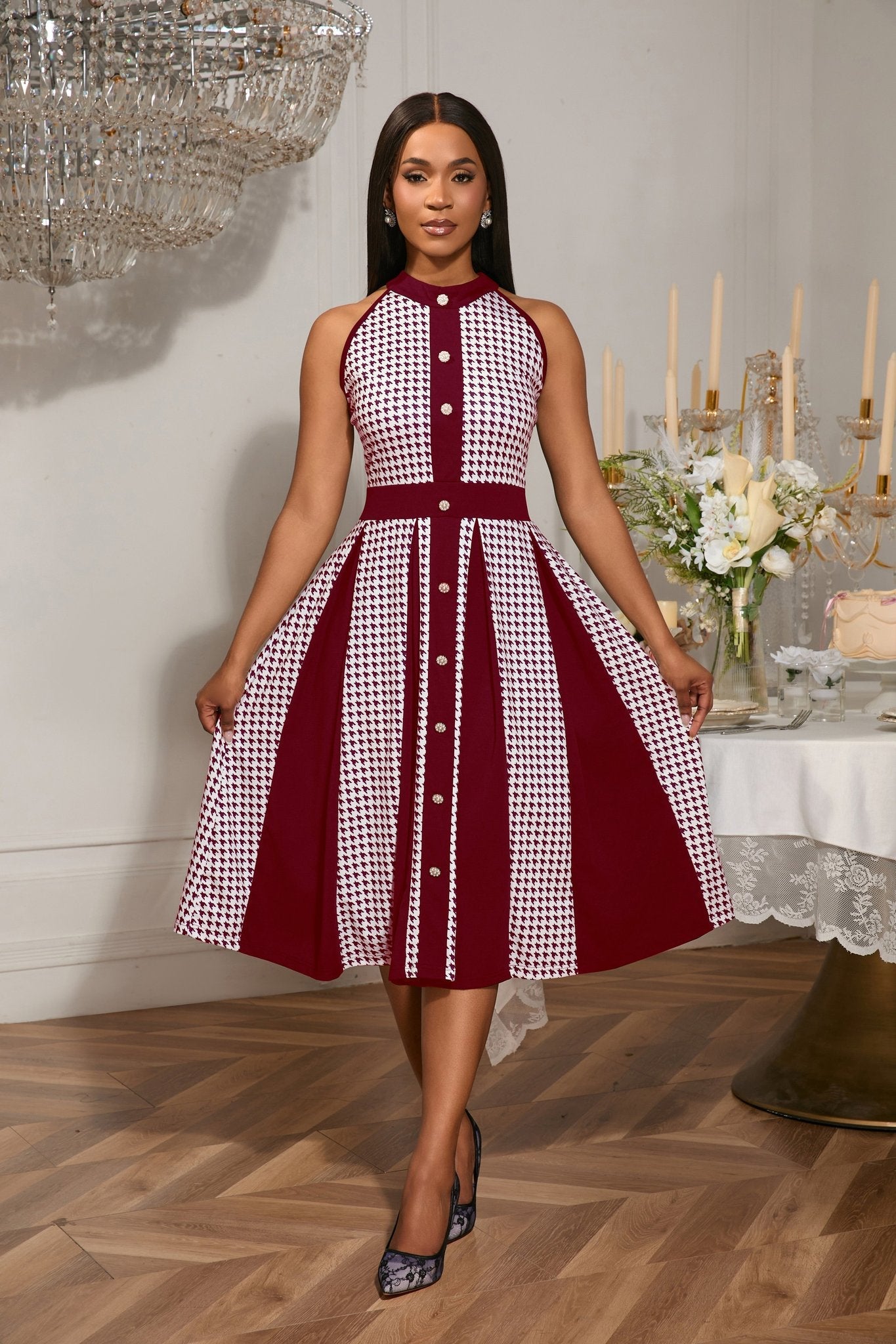 Houndstooth Halter Vintage Button Front A-Line Midi Dress - Wedding Guest - MSHIGHBEAUTY