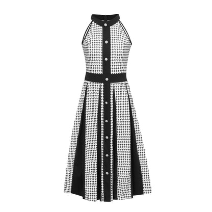 Houndstooth Halter Vintage Button Front A-Line Midi Dress - Wedding Guest - MSHIGHBEAUTY