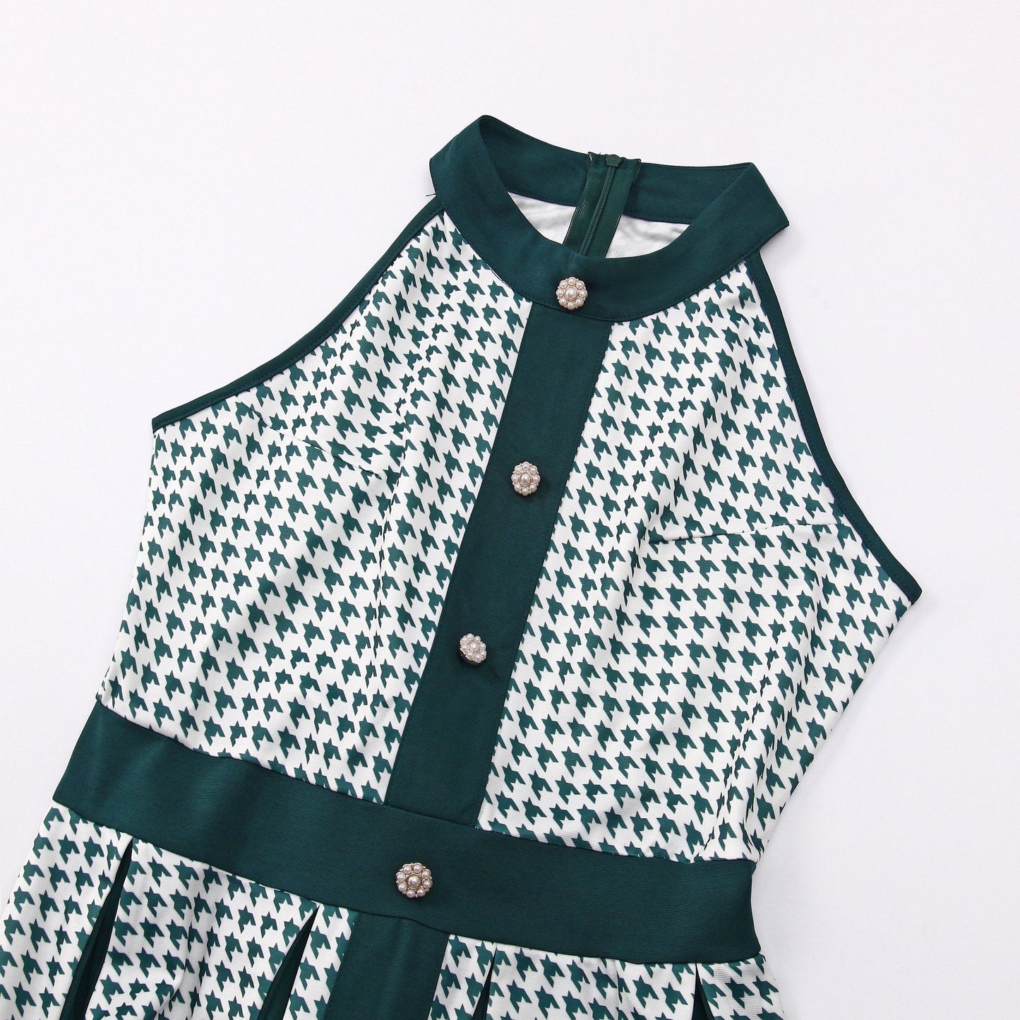 Houndstooth Halter Vintage Button Front A-Line Midi Dress - Wedding Guest - MSHIGHBEAUTY