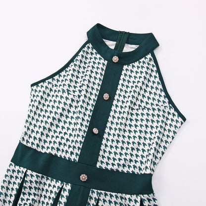 Houndstooth Halter Vintage Button Front A-Line Midi Dress - Wedding Guest - MSHIGHBEAUTY
