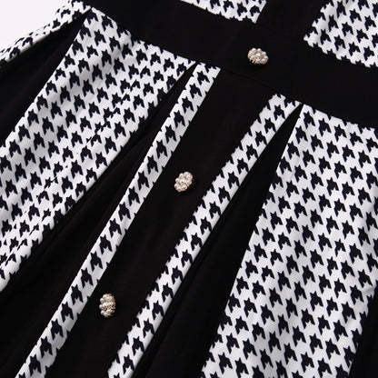 Houndstooth Halter Vintage Button Front A-Line Midi Dress - Wedding Guest - MSHIGHBEAUTY