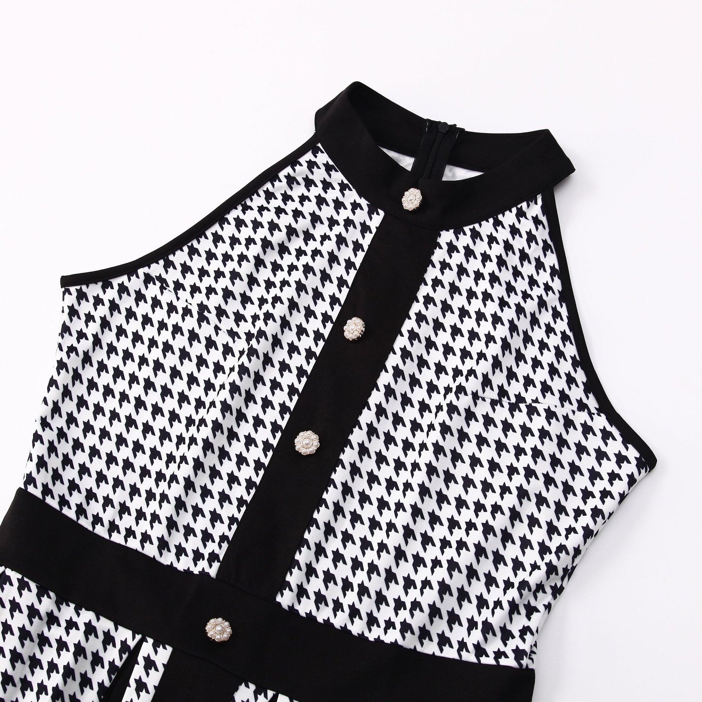 Houndstooth Halter Vintage Button Front A-Line Midi Dress - Wedding Guest - MSHIGHBEAUTY