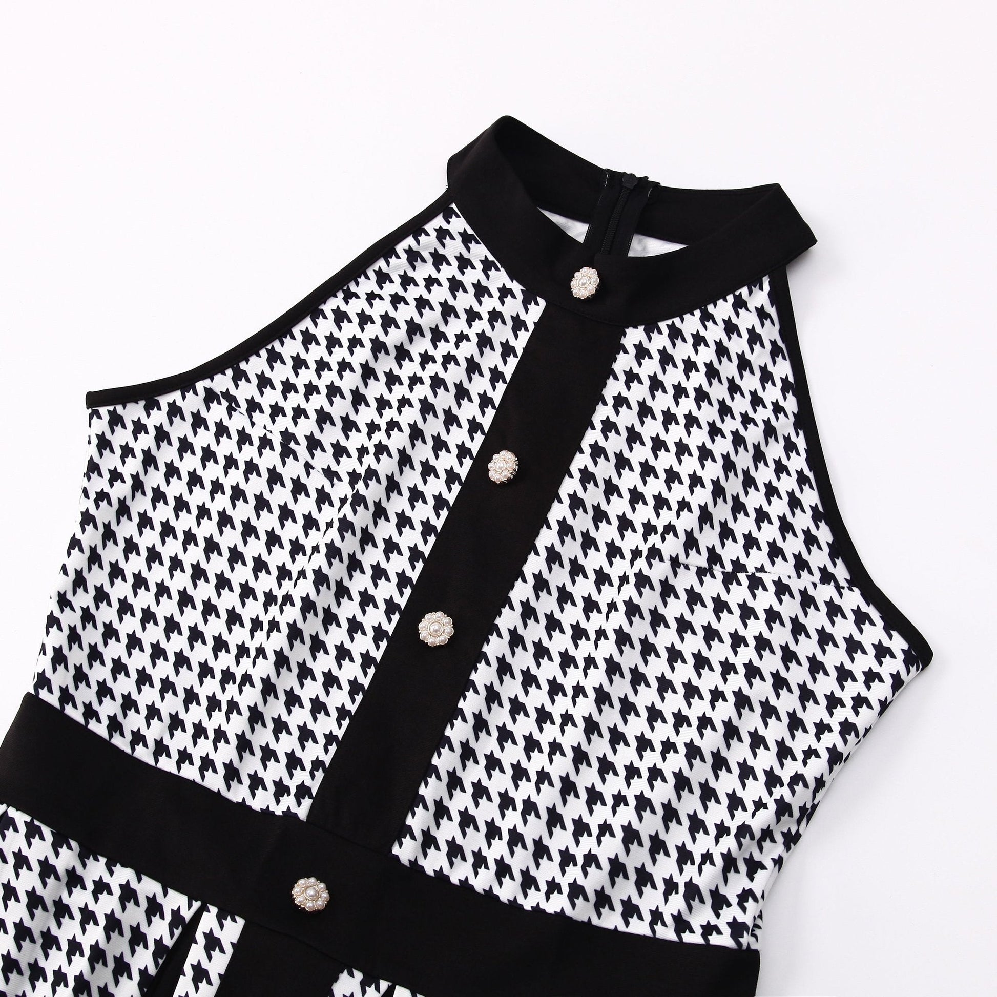Houndstooth Halter Vintage Button Front A-Line Midi Dress - Wedding Guest - MSHIGHBEAUTY