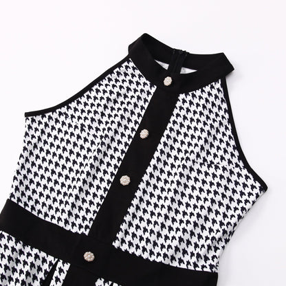 Houndstooth Halter Vintage Button Front A-Line Midi Dress - Wedding Guest - MSHIGHBEAUTY