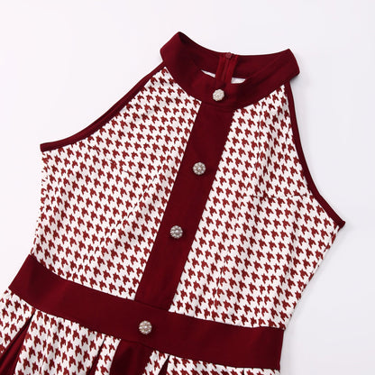 Houndstooth Halter Vintage Button Front A-Line Midi Dress - Wedding Guest - MSHIGHBEAUTY
