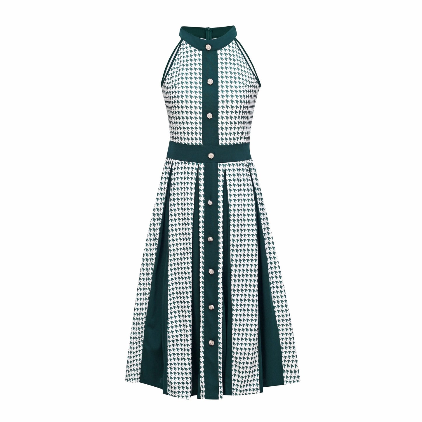 Houndstooth Halter Vintage Button Front A-Line Midi Dress - Wedding Guest - MSHIGHBEAUTY