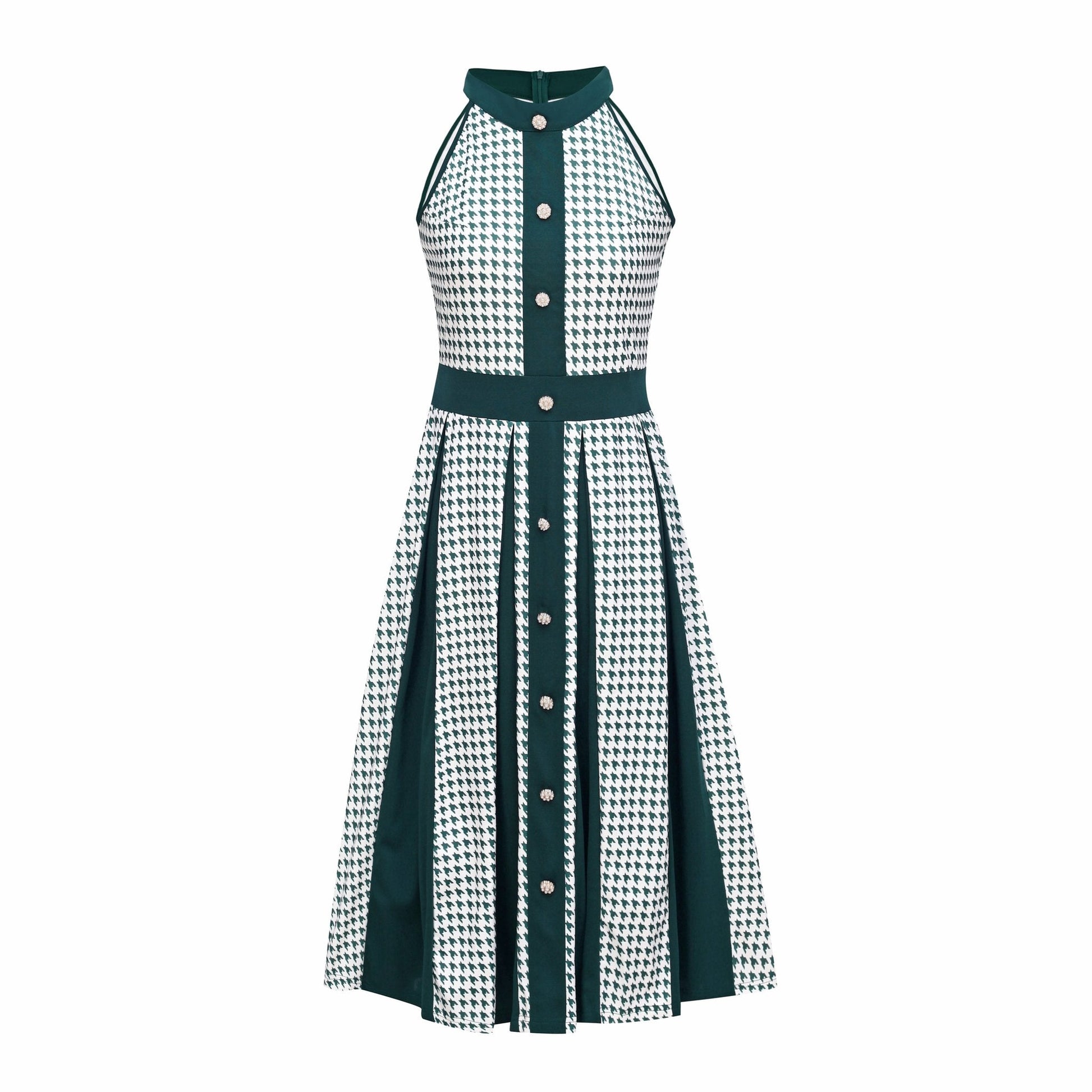 Houndstooth Halter Vintage Button Front A-Line Midi Dress - Wedding Guest - MSHIGHBEAUTY