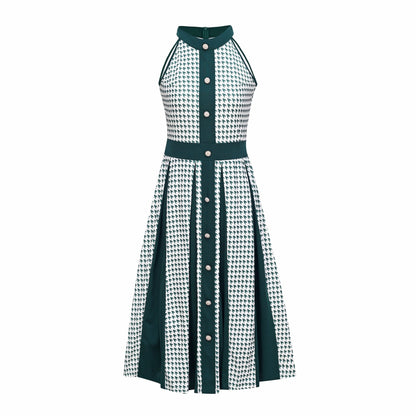 Houndstooth Halter Vintage Button Front A-Line Midi Dress - Wedding Guest - MSHIGHBEAUTY