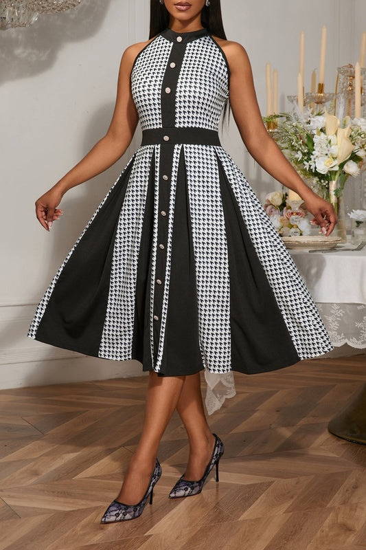 Houndstooth Halter Vintage Button Front A-Line Midi Dress - Wedding Guest - MSHIGHBEAUTY