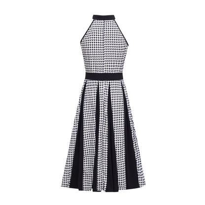 Houndstooth Halter Vintage Button Front A-Line Midi Dress - Wedding Guest - MSHIGHBEAUTY