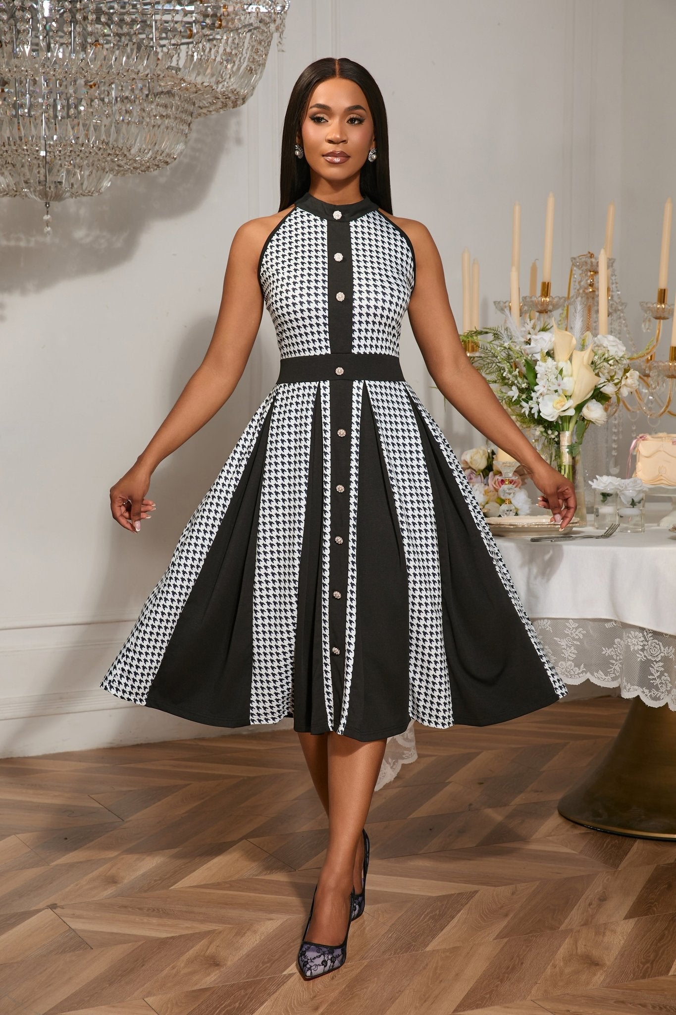Houndstooth Halter Vintage Button Front A-Line Midi Dress - Wedding Guest - MSHIGHBEAUTY