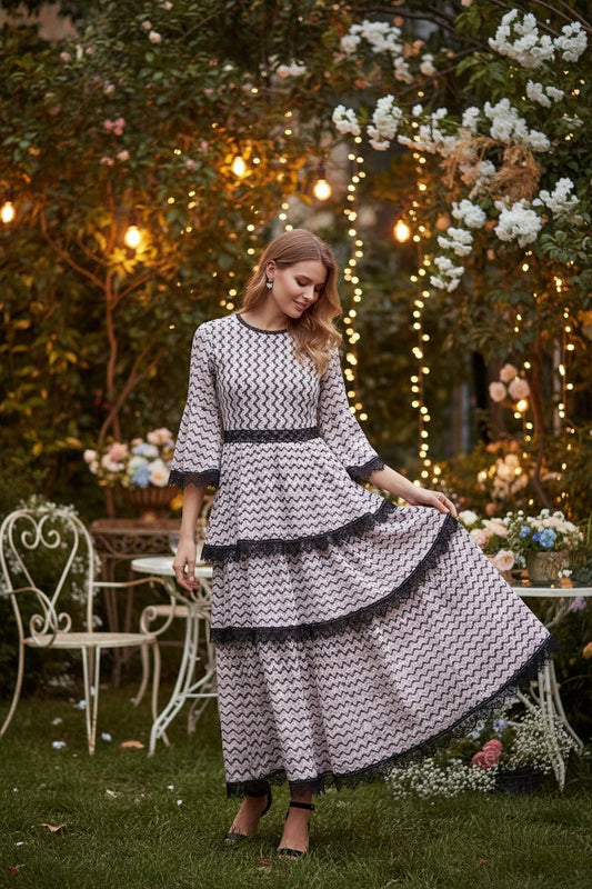 Chevron Tiered Lace Trim Bell Sleeve Midi Dress - Wedding Guest Dress - MSHIGHBEAUTY