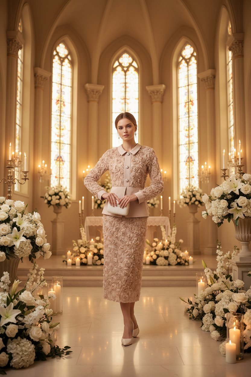 3D Rose Lace Faux Two-Piece Midi Dress with Pearl Button Belt - Wedding Guest - MSHIGHBEAUTY