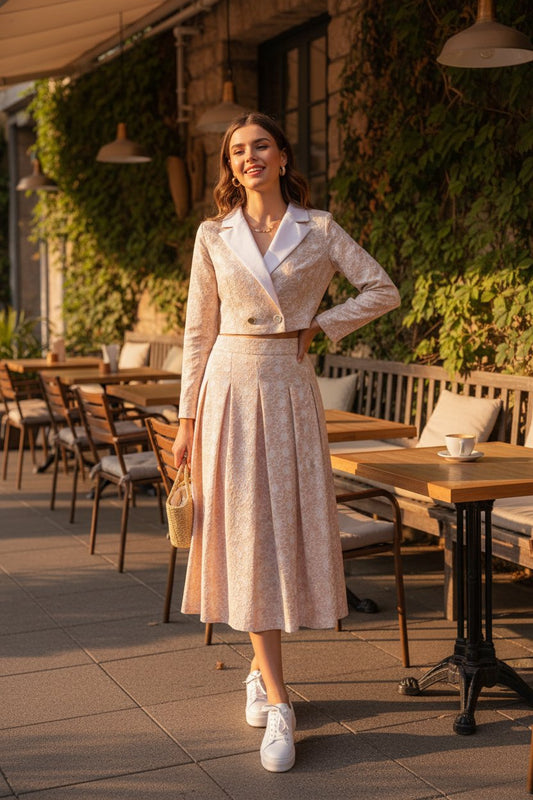 Crop Blazer and Pleated Skirt Two-Piece Set - Elegant Occasion Outfit - MSHIGHBEAUTY