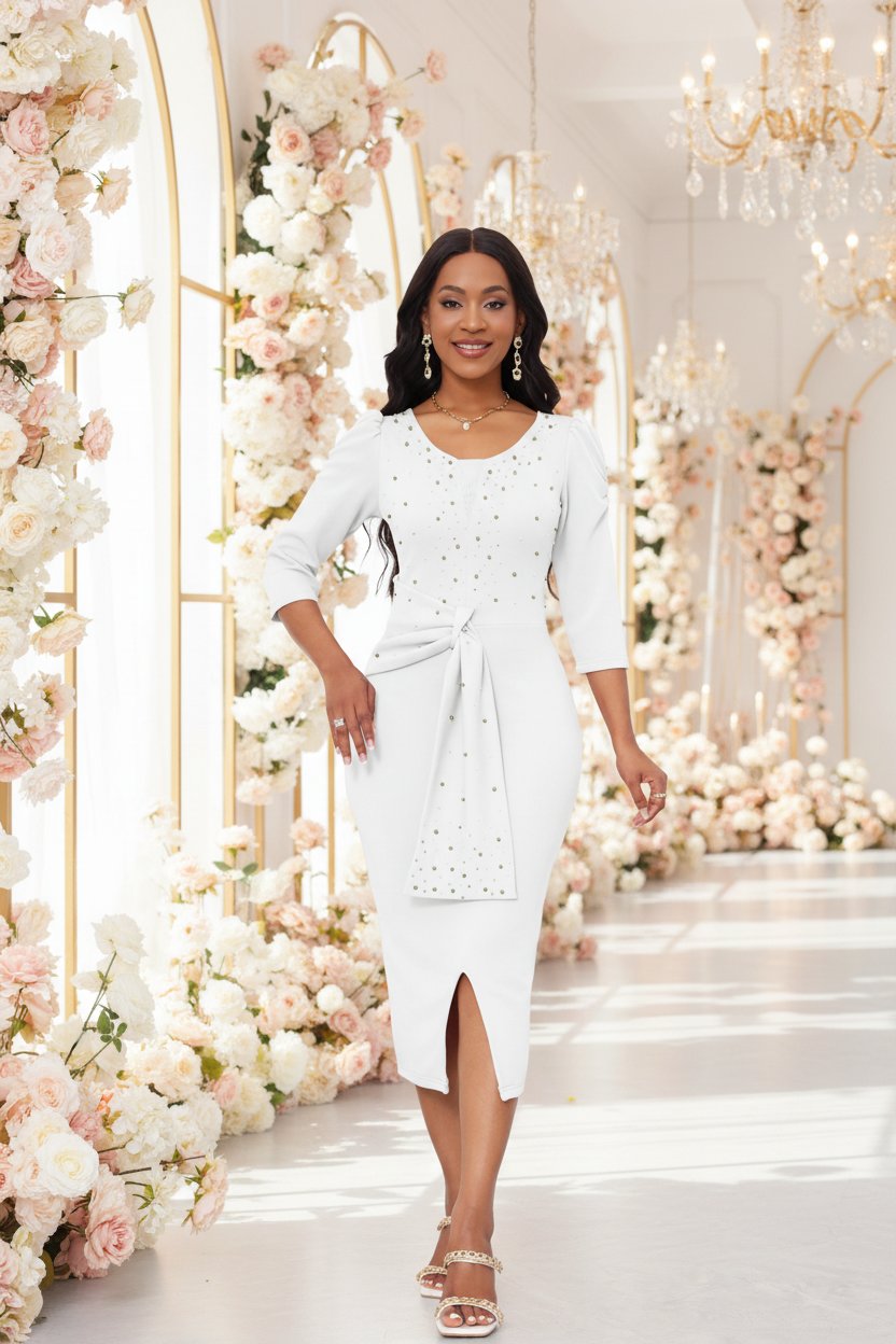 Rhinestone Embellished Puff Sleeve Bow Belt V-Neck Bodycon Midi Dress - MSHIGHBEAUTY