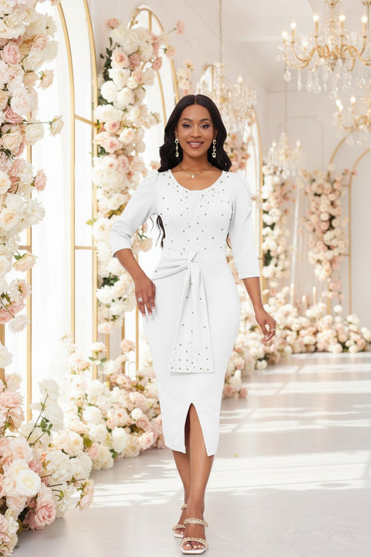Rhinestone Embellished Puff Sleeve Bow Belt V-Neck Bodycon Midi Dress - MSHIGHBEAUTY