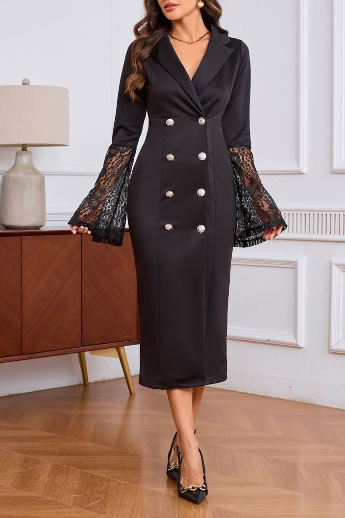 Lace Flare Sleeve Double-Breasted Blazer Dress - Office and Wedding Guest - MSHIGHBEAUTY