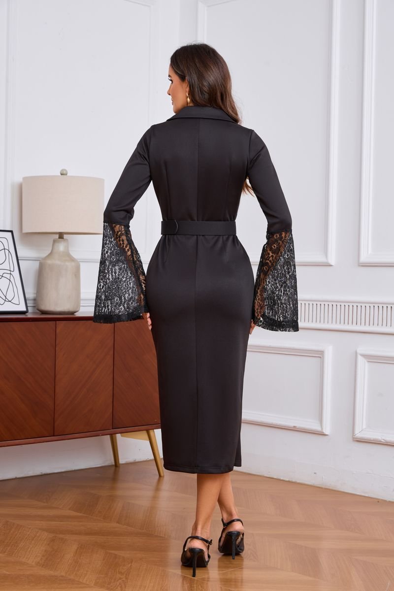 Lace Flare Sleeve Double-Breasted Blazer Dress - Office and Wedding Guest - MSHIGHBEAUTY