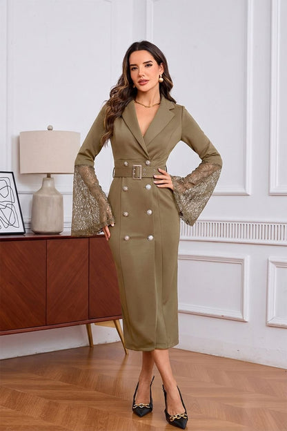 Lace Flare Sleeve Double-Breasted Blazer Dress - Office and Wedding Guest - MSHIGHBEAUTY