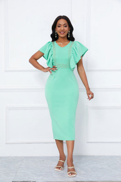 Pearl Embellished Ruffle Sleeve V-Neck Bodycon Midi Dress - Wedding Guest - MSHIGHBEAUTY