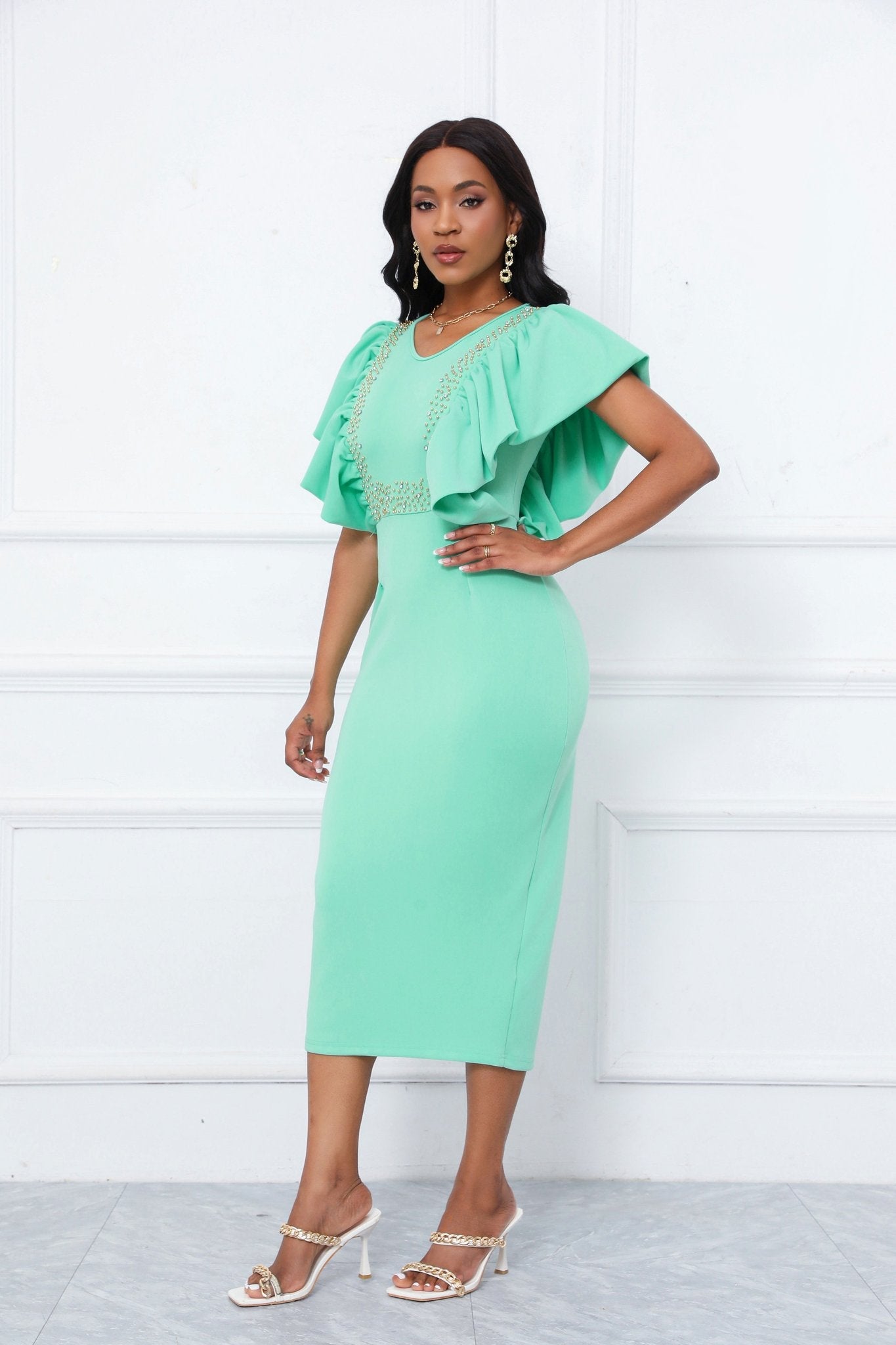 Pearl Embellished Ruffle Sleeve V-Neck Bodycon Midi Dress - Wedding Guest - MSHIGHBEAUTY