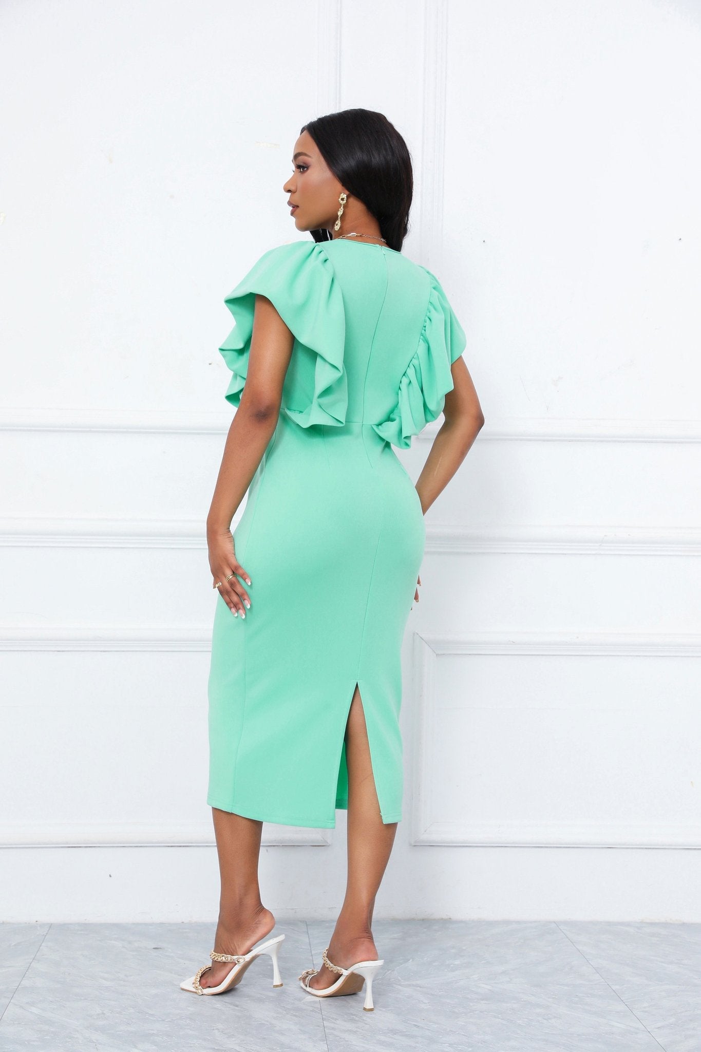 Pearl Embellished Ruffle Sleeve V-Neck Bodycon Midi Dress - Wedding Guest - MSHIGHBEAUTY