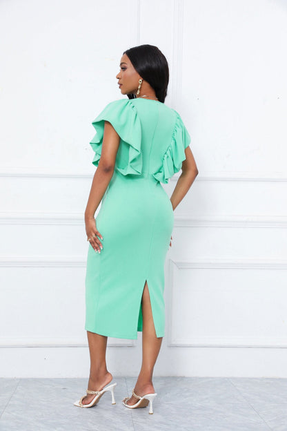 Pearl Embellished Ruffle Sleeve V-Neck Bodycon Midi Dress - Wedding Guest - MSHIGHBEAUTY